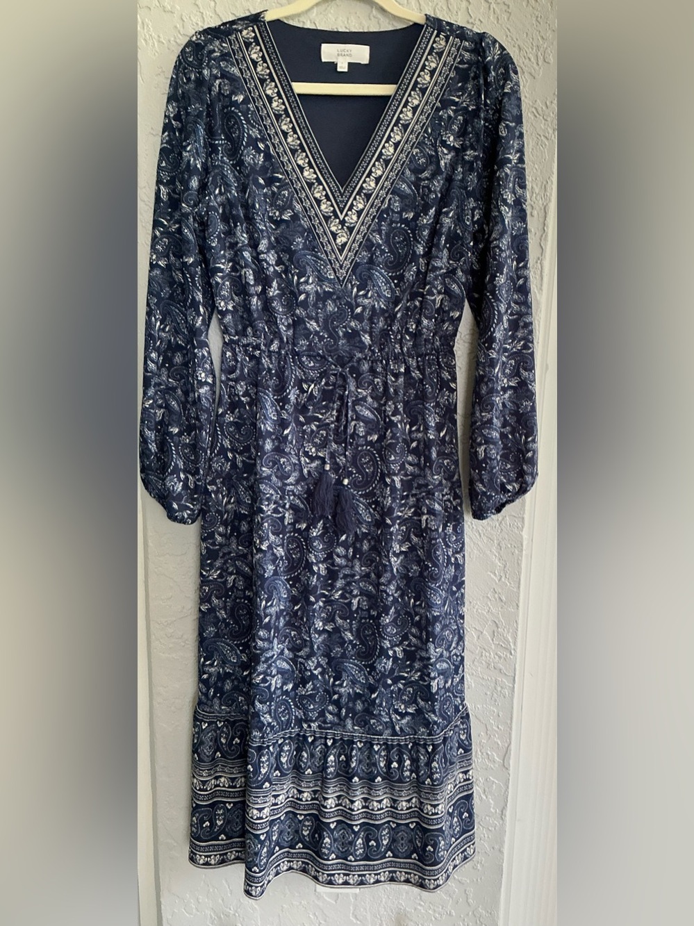Lucky Brand Navy & Cream Paisley Midi Sleeve Dress